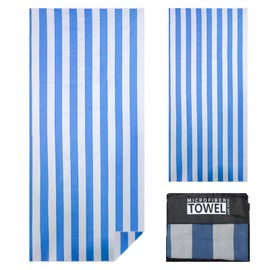 Microfibre Beach Towels for Adults Women Men Extra Large Lightweight Quick Dry Sand Free Travel Towel Double Sided Printing for Swim Sports with Mesh Bag 80×180cm Blue Stripes 1 Pack