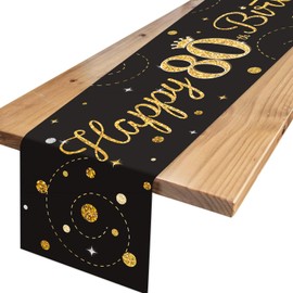 80th Birthday Table Runner, Black Gold 80th Birthday Decorations for Men Women, Happy 80th Birthday Table Cloth for Him Her, 80th Birthday Table Decoration for 80th Party Supplies 80th Gifts,180x35cm