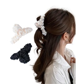 ACECHA 2 Pack Large Elegant Satin Hair Claw Clips for Women, Fluffy Wrinkles Silk Hairclips for Thin and Thick, Solid Color Hair Claws Strong Hold Styling for Autumn Winter (Black & White)