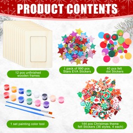 Gerrii 12 Packs Christmas Picture Frame Painting Craft Kit Wooden DIY Photo Frame for 3 x 5 Inch Photo Unfinished Wooden Photo Frames with Foam Stickers Painting Tools Set for Xmas Paint and Decorate