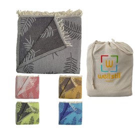 Wellstil Lotus | 2-Layer Muslin Blanket • King Size Turkish Cotton Blanket • Cozy Jacquard Woven Bedspread • Vintage Boho Throw Blankets for Sofa, Couch • Breathable Blanket 82x95 inches (Gray)