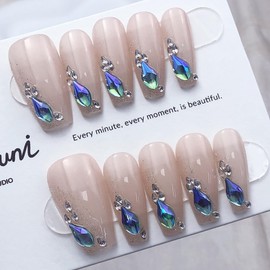 Pure Handmade Nails Press on Nail Reusable Fake Nails Colourful RhineStones Bling Bling Medium Stick on Nails French Tip False Nails 10pcs (S, Q313 NAILS)