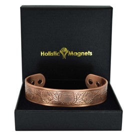 Wide Copper Magnetic Bracelet Men Pure Copper Wristband 6 Neodymium Magnets, Adjustable, Scottish Thistle-ST (M: Wrist 16.5–19.5cm/6.3–7.7”)