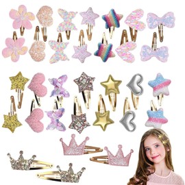 32 Pcs Colorful Baby Girls Hair Accessories,Hair Clips For Girls,Baby Ha-Ir Clips,Multiple Styles To Choose From,Firm,Comfortable,Sp-Arkly Heart,Star,Crown Metal Snap Hair Cl-Ip,For Fine Thick H-Air