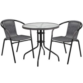 Flash Furniture Lila 28'' Round Glass Metal Table with Gray Rattan Edging and 2 Gray Rattan Stack Chairs