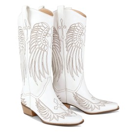 RONILURN Womens Knee High Boots Cowboy Cowgirl Tall Western Boots Pull On Square Toe Low Chunky Heel Retro Dress Ladies Comfortable Embroidered Boot