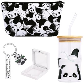 TAOVEEK Panda Lover Gifts Set, 5PCS Birthday Gifts Box with Panda Galss Cup Panda Makeup Bag Panda Keychain & Stickers for Christmas Women Girls Friends Daughter