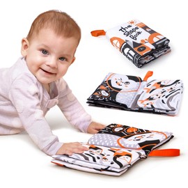 Meribbit Black and White Fabric Book for Babies, Baby Book from 0 Months, High Contrast Sensory Toy with Crinkle Foil, Development-Promoting, Washable Activity Book for Newborns