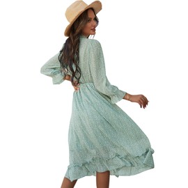 ZIYYOOHY Women's Elegant Summer Dresses Long Dress Chiffon Ruffle Flowers Long Sleeve V-Neck High Waist Maxi Dress Party Dress, 3016-Light Green