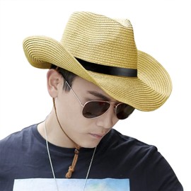Folove Western Hat, Men's, Sun Shade, Straw Hat, Summer, Fishing, Golf, Wide Brim Straw Hat, Ten Gallon Hat, Belt, Foldable, Cowboy Hat, Stylish, Outdoor, Farming, Travel, Folding Hat, 22.0 - 22.8