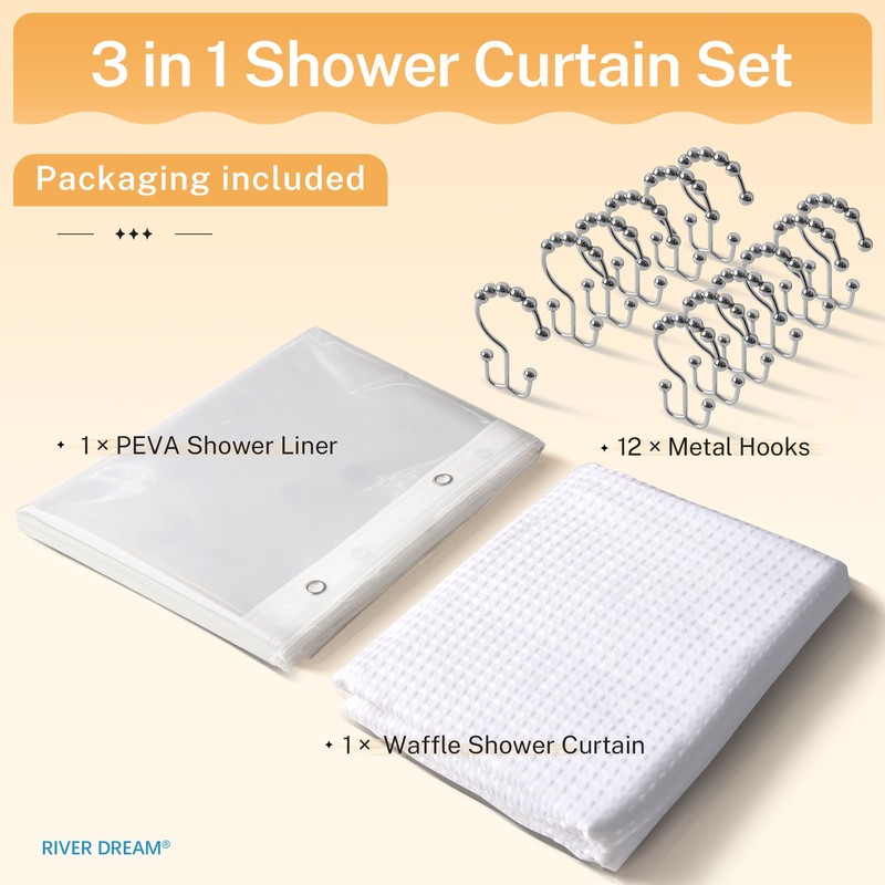 River Dream Waffle 3 in 1 Shower Curtain Set, White