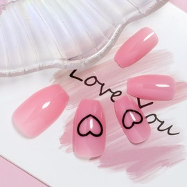 24Pcs Valentines Press on Nails Short Square Fake Nails Pink False Nails with Cute Heart Designs Acrylic Glue on Nails Reusable Coffin Nails Valentines Day Nail Art Decorations for Women