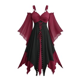 ROSE GAL Rosegal - Vestido gótico renacentista para mujer, vestido de disfraz de Halloween, hombros descubiertos, con cordones, dobladillo con ojales, dos tonos y mangas trompeta (rojo/S)