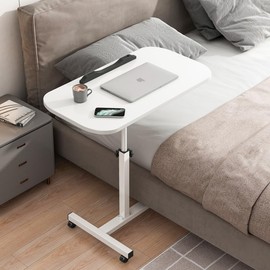 OIKASSU Adjustable End Table Overbed Bedside Table with Wheels, Portable Computer Stands Movable Desk Computer Table Hospital Bed Table for Couch for Bed Laptop Stand,White