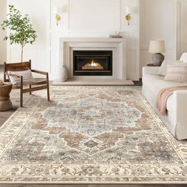 Micgeek Area Rug for Living Room: 9x12 Washable Vintage Neutral Soft Non Slip Thin Large Floor Carpet for Bedroom Kitchen Dining Room Home Office Farmhouse Indoor - Grey Brown
