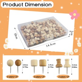 Pack of 162 Wooden Push Pins, 6 Styles Pins, Pins Steel Nail for Cork Board, Push Pins Wooden Head Pin Board Pins with Storage Box, Thumbtacks for Bulletin Board, Cork Board, World Map, Office,