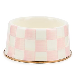 MACKENZIE-CHILDS Enamel Pet Bowl, Cute Cat and Dog Bowl for Food and Water, Medium, Pink-and-White Rosy Check