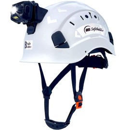 SAFEBUILDER Safety Hard Hats with Headlight Lightweight Breathable Vented Safety Helmet with Headlamp for Construction Industrial Outdoor Work Head Protection ANSI Approved (White+SHL01)