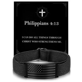 Alissl American Flag Bracelet for Men Women, Engarved Bible Verse Inspirational Black Elastic Strap Adjustable Bracelets,Christian Patriotic Jewelry Gifts for Dad Son Husband Boyfriend Man Easter