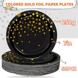 60PCS Round Paper Dessert Plates 7 Inches, Black and Gold Plates, Dinner Plates Gold Foil Polka Dots for Parties, Party Supplies
