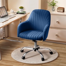 Warmiehomy Modern Home Office Chair with Wheels Mid-Back Upholstered Velvet Computer Task Chair for Small Space, Living Room, Make-up, Studying, Dark Blue Desk Chair