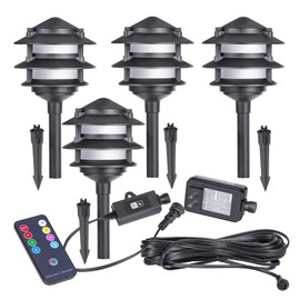 Sterno Home Color-Changing Low Voltage Path Light Kit with Remote Control, 3000K Warm, 4-Pack, Black