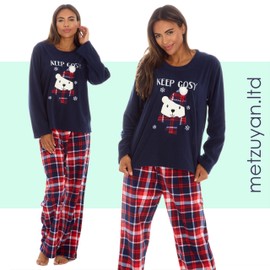 Metzuyan WS-AW23 Ladies Microfleece Warm Long Sleeve Applique Pyjamas Lounge Set Nightwear Navy Teddy Large