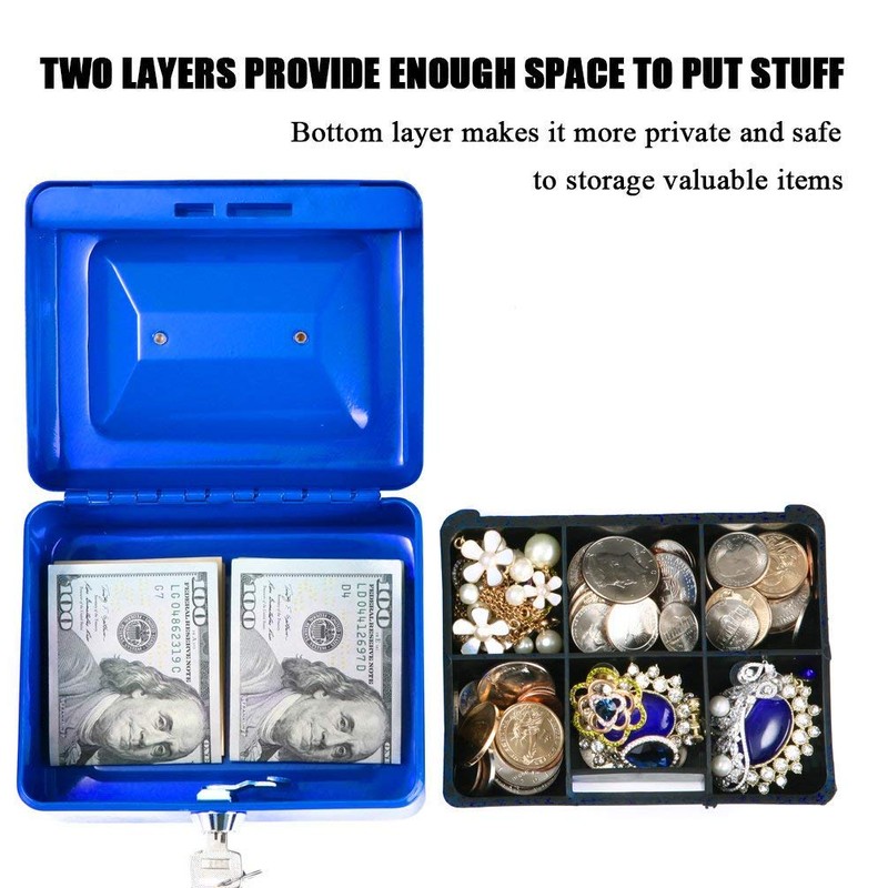 Steel Cash Box Safe with Lock 2 Keys, blue