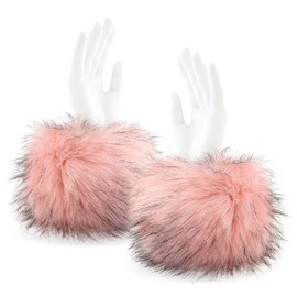 WATAME Women Faux Fur Wrist Cuffs Winter Short Fuzzy Arm Warmers Plush Fluffy Wrist Warmer and Ankle Warmer (Pink)