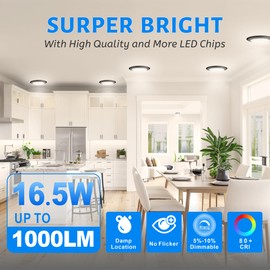 ECOELER Dimmable LED Disc Light, 3000K/4000K/5000K Selectable Surface Mount Ceiling Lighting, 16.5W 1100Lm, Black Aluminum Baffle Trim Flush Mount Downlight, ETL-Listed, 4 Pack