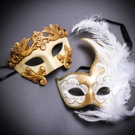 iLoveMasks His & Her Gold White Party Masquerade Masks Set for Couple Venetian Feather Mask