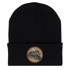 PATCHTOWN Steam Engine Train Beanie Hat - Cold Weather Toboggan Cap/Ski Cap with Embroidered Locomotive Black