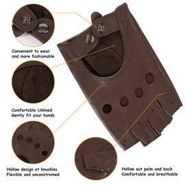 MGGMOKAY Womens Fingerless Leather Driving Gloves Soft Sheepskin Half Finger Gloves Unlined,Brown,L