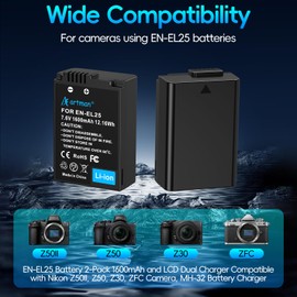 Artman EN-EL25 EN-EL25A Battery 1600mAh 2-Pack and USB-C LCD Dual Charger Compatible with Nikon Z50II, Z50, Z30, ZFC Camera 4241 Battery, MH-32 Charger