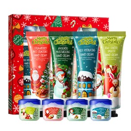 Christmas Hand Cream & Lip Balm Sets - 4Pcs Mini Hand Creams and 4Pcs Lip balm Travel Size - Xmas Hand Cream Gift for Women - Christmas Stocking Stuffers with Hydration for Lips and Hands