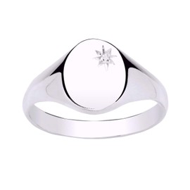 MENS Diamond Set Plain Polished Heavyweight Oval Signet Ring - Engravable - 925 Sterling Silver - Size Y