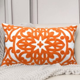 Alysheer Embroidered Lumbar Decorative Throw Pillow Cover 12"x 20", Classic Boho Mandala Embroidery Pattern Cotton Rectangular Cushion Case for Sofa Couch Living Room Bedroom (Bright Orange)