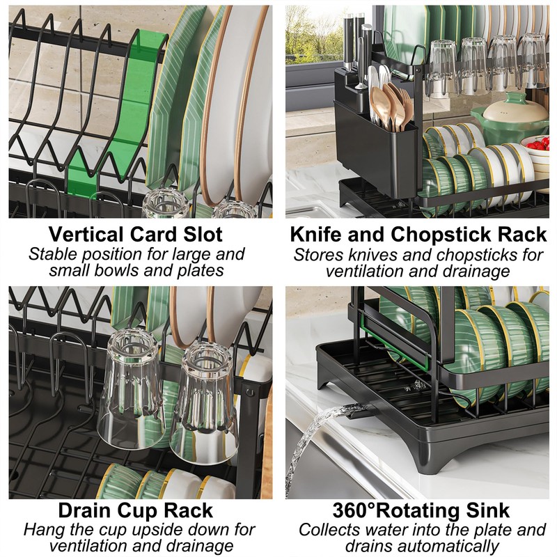 Dish Drying Rack 2 Tier,Space-Saving Dish Drainer with 360° Rotating