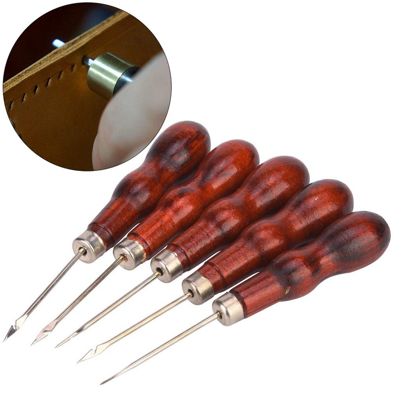Wooden Handle Awl Hole Punch Sewing Stitching Tool, 5PCS for