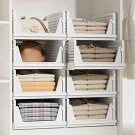 Proarea Stackable Closet Storage Bins, 5 Pack Closet Organizers and Storage, Open Front Plastic Shelf Baskets, Foldable Organizer Bins for Clothes, Towels and Linens, White