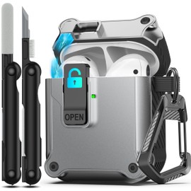 RFUNGUANGO for Airpods 2nd and 1st Generation Protective Cases Automatic Pop-up with Safety Lock Clip, Full Body Shockproof Hard Case with Keychain (Cleaning Tool)-Silver