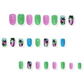 Summer Press on Nails Short Beach Fake Nails Oval Shape Acrylic Nails Pink Blue Green Color Glue on Nails Gradient False Nails with Coconut Tree Designs Full Cover Stick on Nails for Women 24pcs