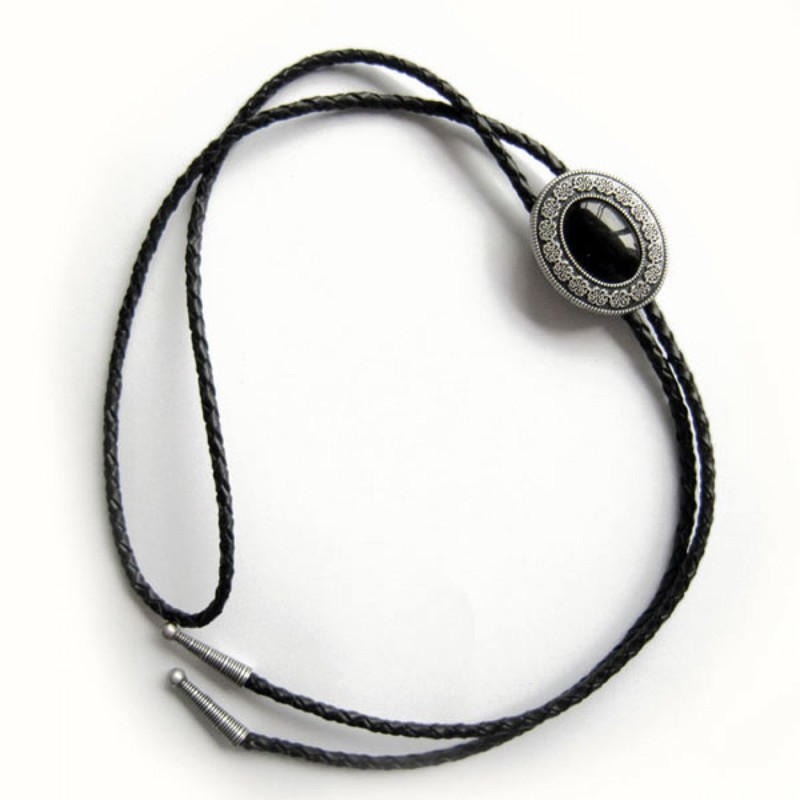 Vintage Bolo Tie Black Agate, Western Tie, silver-plated, Bolotie