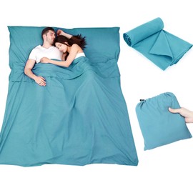 Plliocse Sleeping Bag Liner Travel Sheet Sleeping Bag, Double Size 160 x 210 cm Sleeping Bag Liners with Pillow Pockets for Adults, Travel, Hotels, Business Trip, Camping (Blue, 160cm x 210 cm)