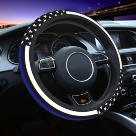 Blue Line American Flag Steering Wheel Cover 15 Inch Auto Neoprene Case Anti for Men Women Car Wheel Protector Universal Patriotic Steering Wheel Covers for Vehicle Truck SUV