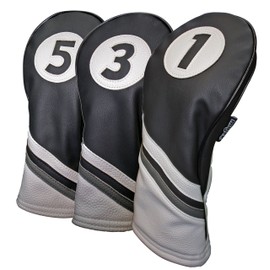 Majek Golf Headcovers Black and White Leather Style 1, 3, 5 Driver and Fairway Head Covers Fits 460cc Drivers