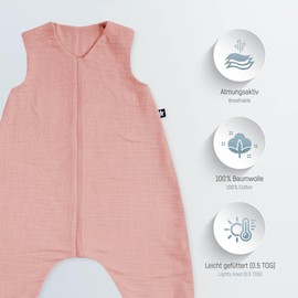 Julius Zöllner Sleepsuit Jumper Muslin 0.5 TOG Size 80 | 100% Cotton Muslin | Oeko-Tex Standard 100 | Dusty Rose