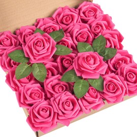 DuHouse 25Pcs Artificial Roses Flowers Fake Roses with Stems Real Touch Foam Flowers for DIY Wedding Bouquet Baby Shower Centerpiece Floral Arrangement Party Home Decor (Hot Pink)