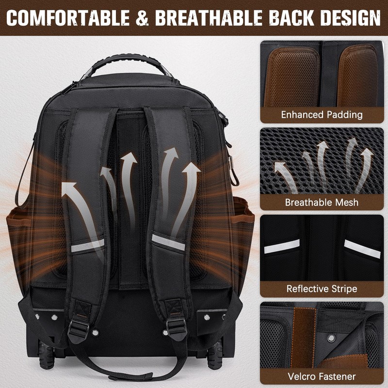 Rolling Tool Backpack Heavy Duty, 43 Pockets Tool Backpack with