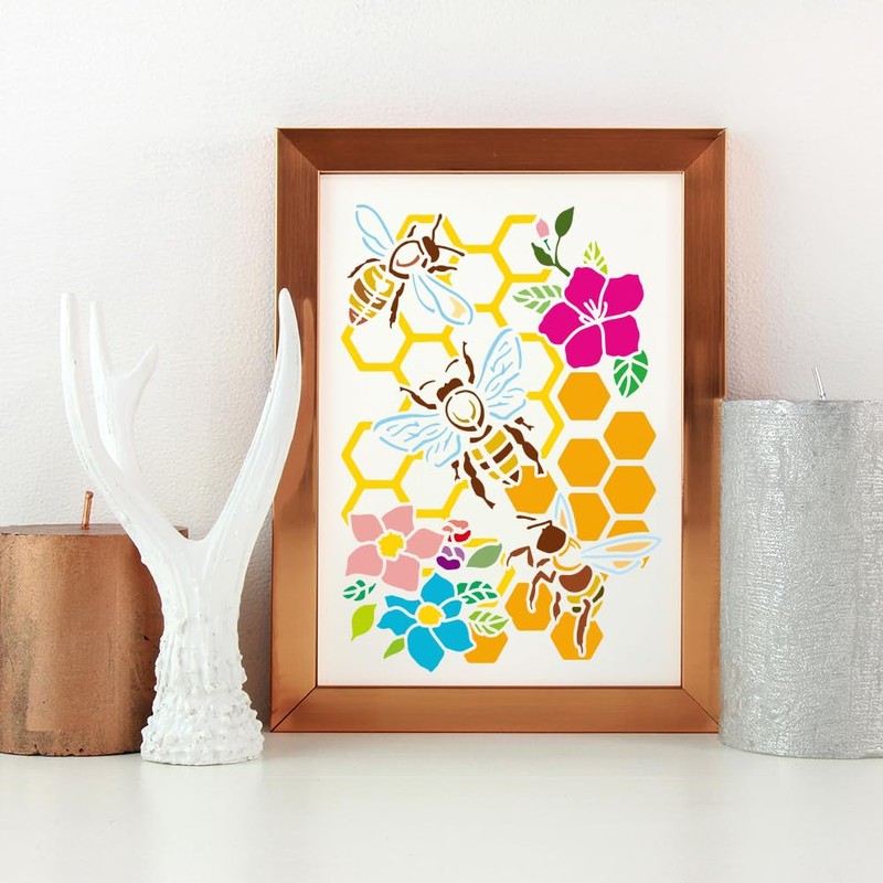 FINGERINSPIRE Beehive Stencils with Paint Brush, 11.7x8.3Inch Honeybee Pattern, Spring